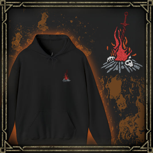 Thumbnail of a Embroidered hooded sweatshirt showcasing the iconic Dark Souls Bonfire design, representing rest, resilience, and the flame's eternal cycle, perfect for fans who hold the bonfire as a symbol of hope in the dark world of Lordran.