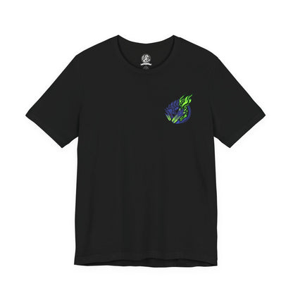 Image 4 of a T-Shirt artwork depicting Brachydios slamming its colossal fists into the ground, triggering violent explosions as volatile slime detonates beneath its feet. Molten rock and glowing embers fill the air while its armored blue scales shine through the chaos. This design reflects the monster’s devastating close-range combat style, combining overwhelming force with explosive elemental power.