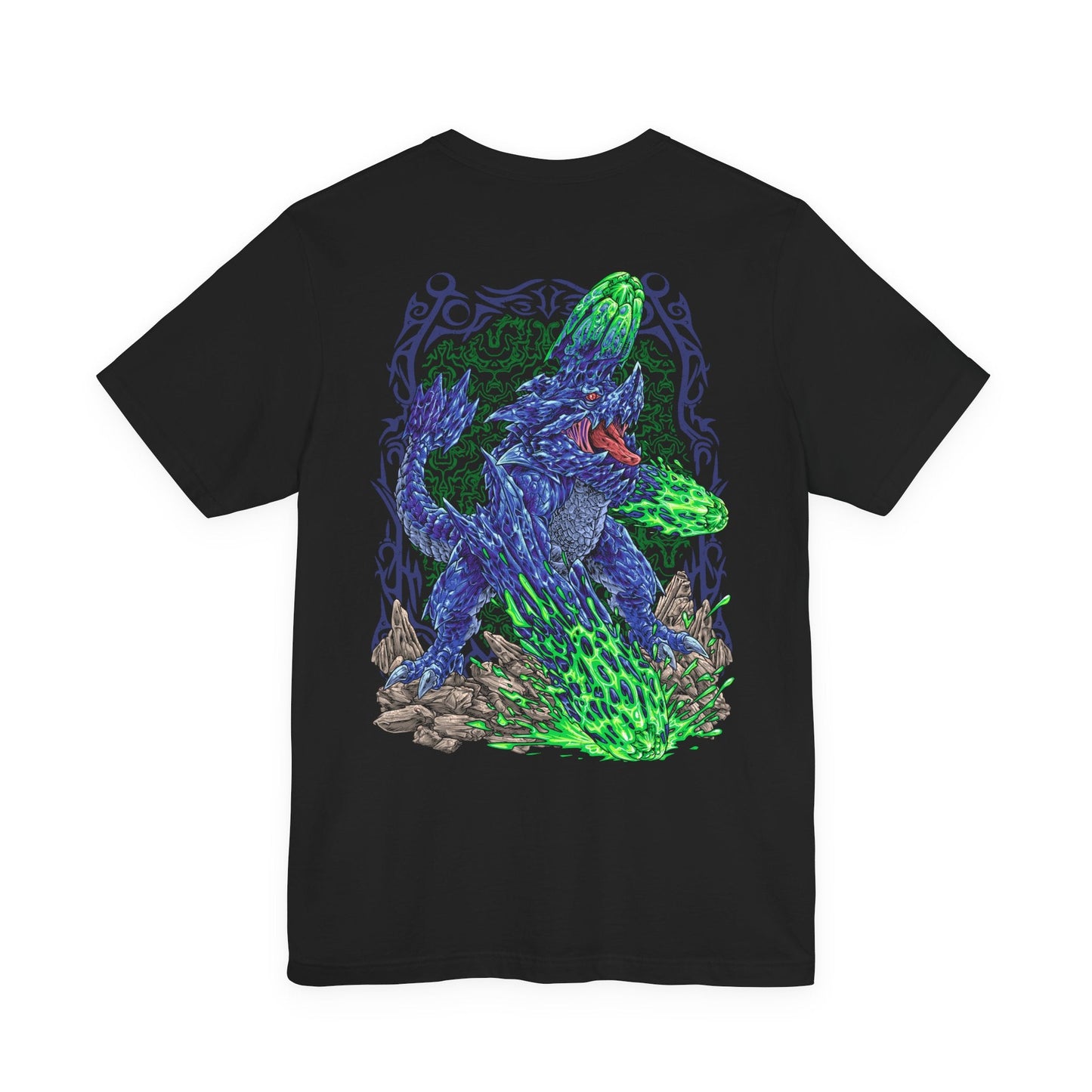 Image 5 of a T-Shirt artwork depicting Brachydios slamming its colossal fists into the ground, triggering violent explosions as volatile slime detonates beneath its feet. Molten rock and glowing embers fill the air while its armored blue scales shine through the chaos. This design reflects the monster’s devastating close-range combat style, combining overwhelming force with explosive elemental power.