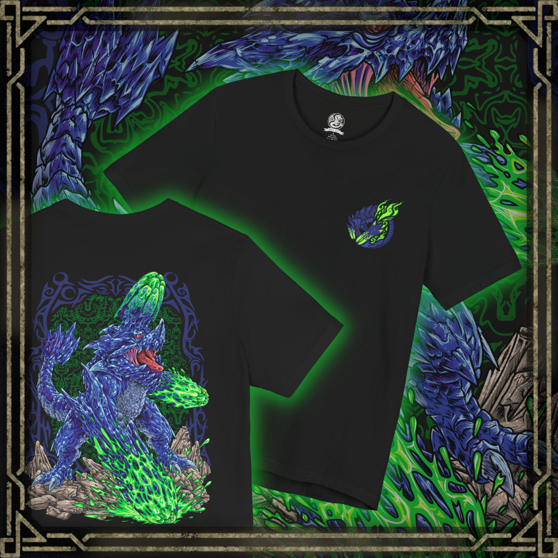Thumbnail of a T-Shirt artwork depicting Brachydios slamming its colossal fists into the ground, triggering violent explosions as volatile slime detonates beneath its feet. Molten rock and glowing embers fill the air while its armored blue scales shine through the chaos. This design reflects the monster’s devastating close-range combat style, combining overwhelming force with explosive elemental power.