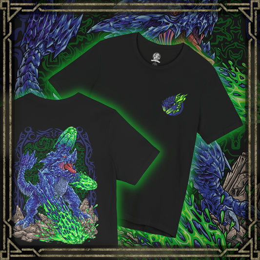 Thumbnail of a T-Shirt artwork depicting Brachydios slamming its colossal fists into the ground, triggering violent explosions as volatile slime detonates beneath its feet. Molten rock and glowing embers fill the air while its armored blue scales shine through the chaos. This design reflects the monster’s devastating close-range combat style, combining overwhelming force with explosive elemental power.
