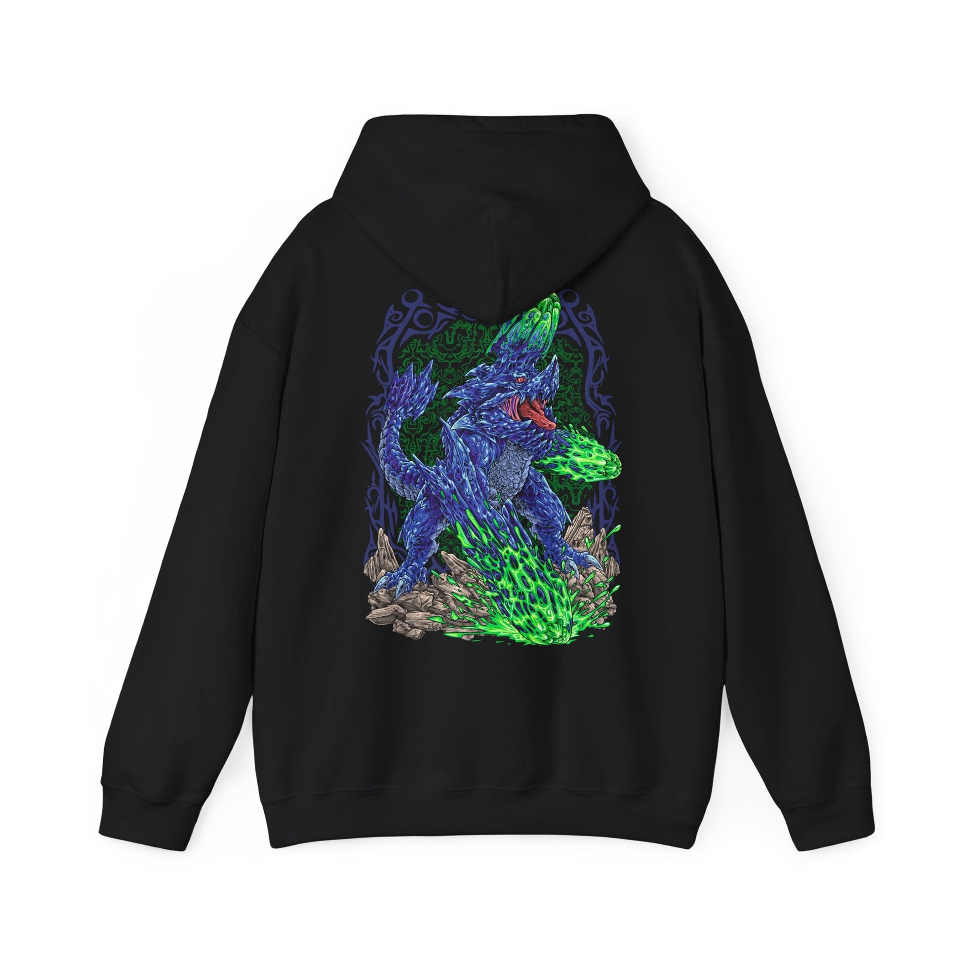 Image 5 of a Hooded Sweatshirt of Brachydios standing amid a crater filled with smoke and burning debris, luminous green slime dripping from its horn and forearms as it prepares another crushing attack. Volcanic ash darkens the sky while explosions illuminate the battlefield. The composition emphasizes destructive power, explosive energy, and the iconic presence of one of Monster Hunter’s most formidable brute wyverns.