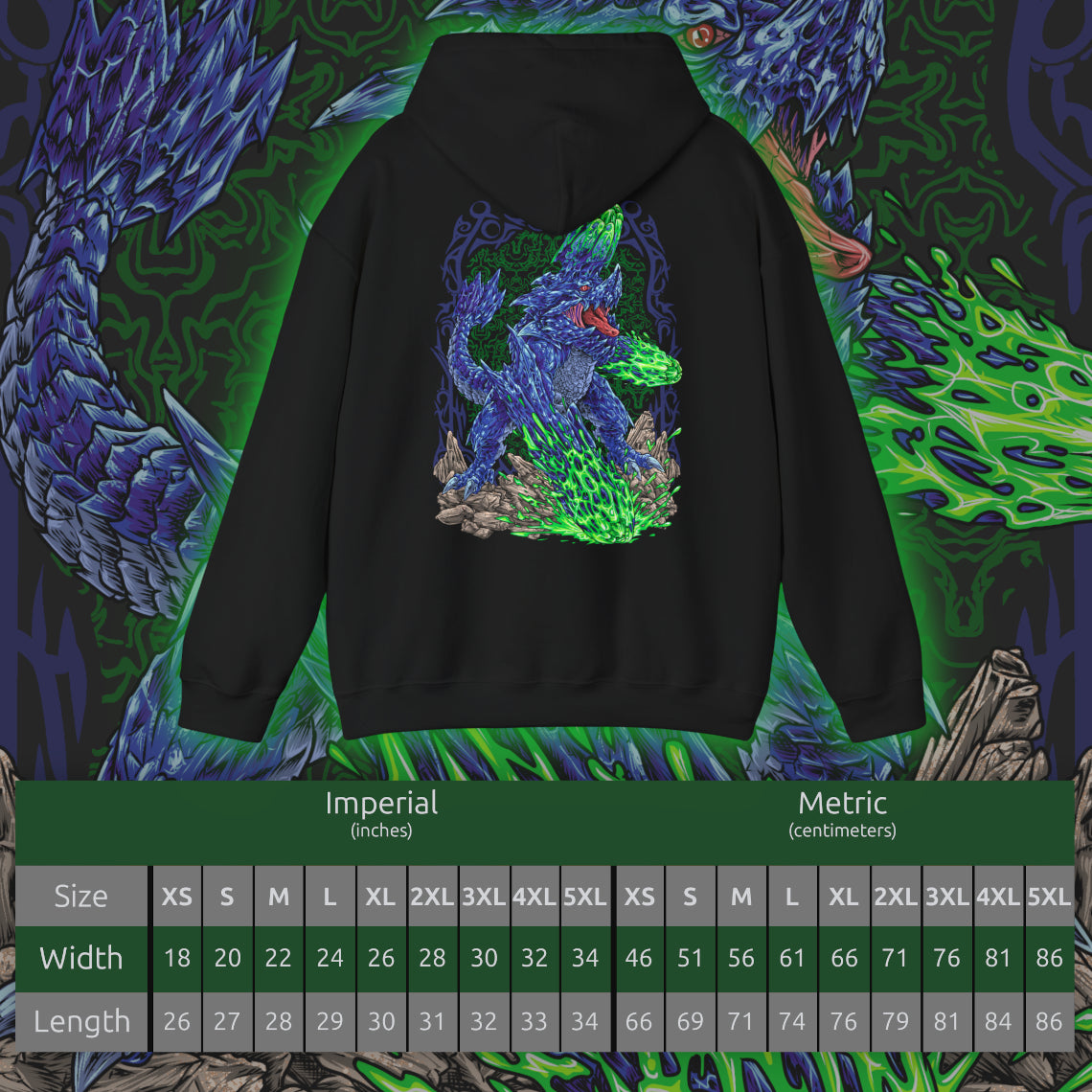 Size chart of a Hooded Sweatshirt of Brachydios standing amid a crater filled with smoke and burning debris, luminous green slime dripping from its horn and forearms as it prepares another crushing attack. Volcanic ash darkens the sky while explosions illuminate the battlefield. The composition emphasizes destructive power, explosive energy, and the iconic presence of one of Monster Hunter’s most formidable brute wyverns.