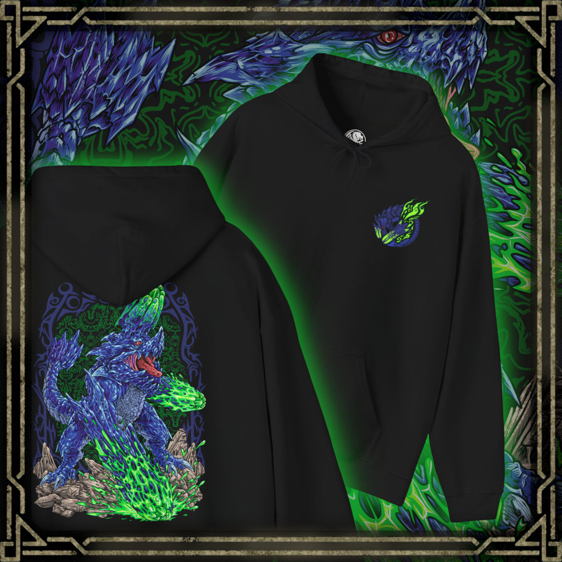 Thumbnail of a Hooded Sweatshirt of Brachydios standing amid a crater filled with smoke and burning debris, luminous green slime dripping from its horn and forearms as it prepares another crushing attack. Volcanic ash darkens the sky while explosions illuminate the battlefield. The composition emphasizes destructive power, explosive energy, and the iconic presence of one of Monster Hunter’s most formidable brute wyverns.