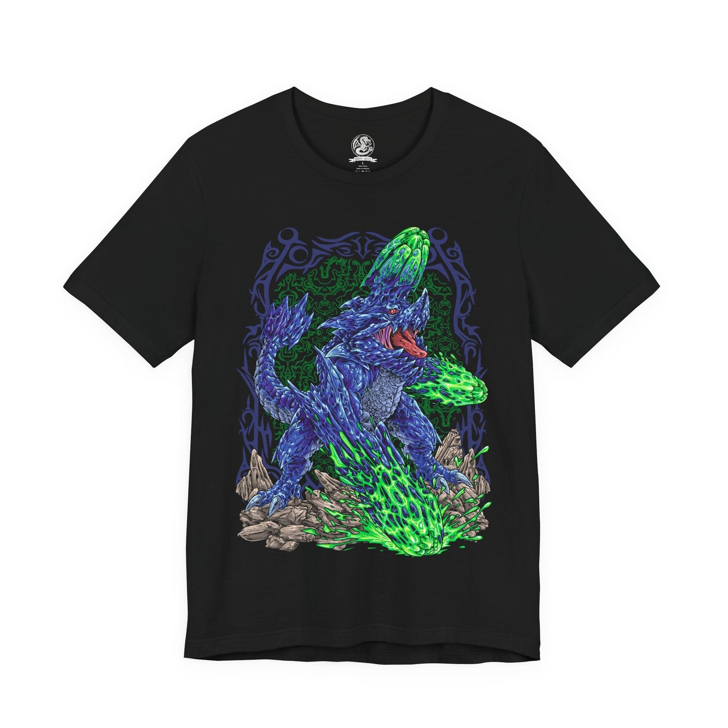 Image 4 of a T-Shirt design of Brachydios from Monster Hunter, charging across a volcanic battlefield with massive forearms coated in glowing green slime. Explosive mucus splatters across shattered stone as sparks and smoke erupt around the towering brute wyvern. The design captures Brachydios’ signature Blast element, immense physical strength, and relentless aggression in the heat of battle.