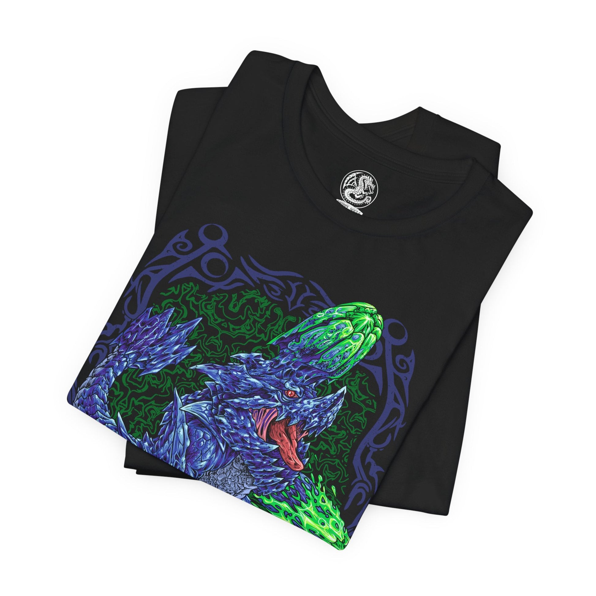 Image 5 of a T-Shirt design of Brachydios from Monster Hunter, charging across a volcanic battlefield with massive forearms coated in glowing green slime. Explosive mucus splatters across shattered stone as sparks and smoke erupt around the towering brute wyvern. The design captures Brachydios’ signature Blast element, immense physical strength, and relentless aggression in the heat of battle.