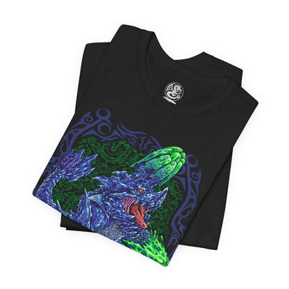 Image 5 of a T-Shirt design of Brachydios from Monster Hunter, charging across a volcanic battlefield with massive forearms coated in glowing green slime. Explosive mucus splatters across shattered stone as sparks and smoke erupt around the towering brute wyvern. The design captures Brachydios’ signature Blast element, immense physical strength, and relentless aggression in the heat of battle.