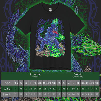 Size chart of a T-Shirt design of Brachydios from Monster Hunter, charging across a volcanic battlefield with massive forearms coated in glowing green slime. Explosive mucus splatters across shattered stone as sparks and smoke erupt around the towering brute wyvern. The design captures Brachydios’ signature Blast element, immense physical strength, and relentless aggression in the heat of battle.