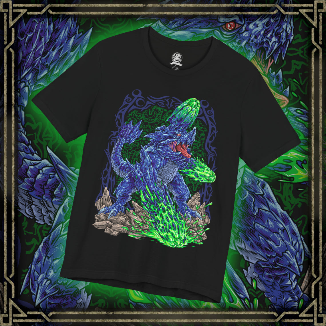 Thumbnail of a T-Shirt design of Brachydios from Monster Hunter, charging across a volcanic battlefield with massive forearms coated in glowing green slime. Explosive mucus splatters across shattered stone as sparks and smoke erupt around the towering brute wyvern. The design captures Brachydios’ signature Blast element, immense physical strength, and relentless aggression in the heat of battle.