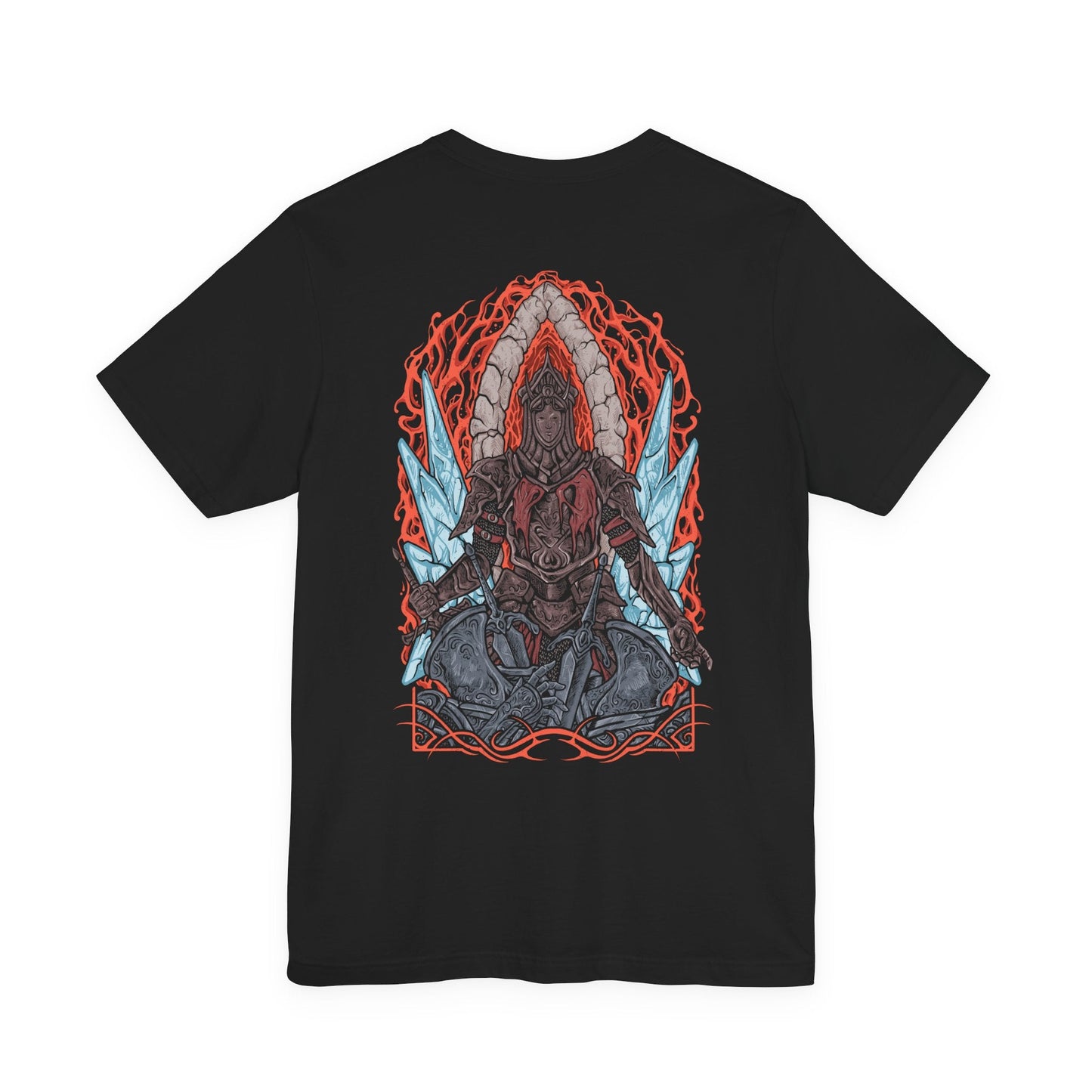 Image 5 of a T-Shirt artwork depicting the Burnt Ivory King leading his Loyce Knights into the flaming abyss, his blackened armor illuminated by swirling embers and infernal light. The frozen city of Eleum Loyce fades behind him as chaos erupts below. This design reflects loyalty, sacrifice, and the desperate struggle to contain the ancient fire consuming the world.