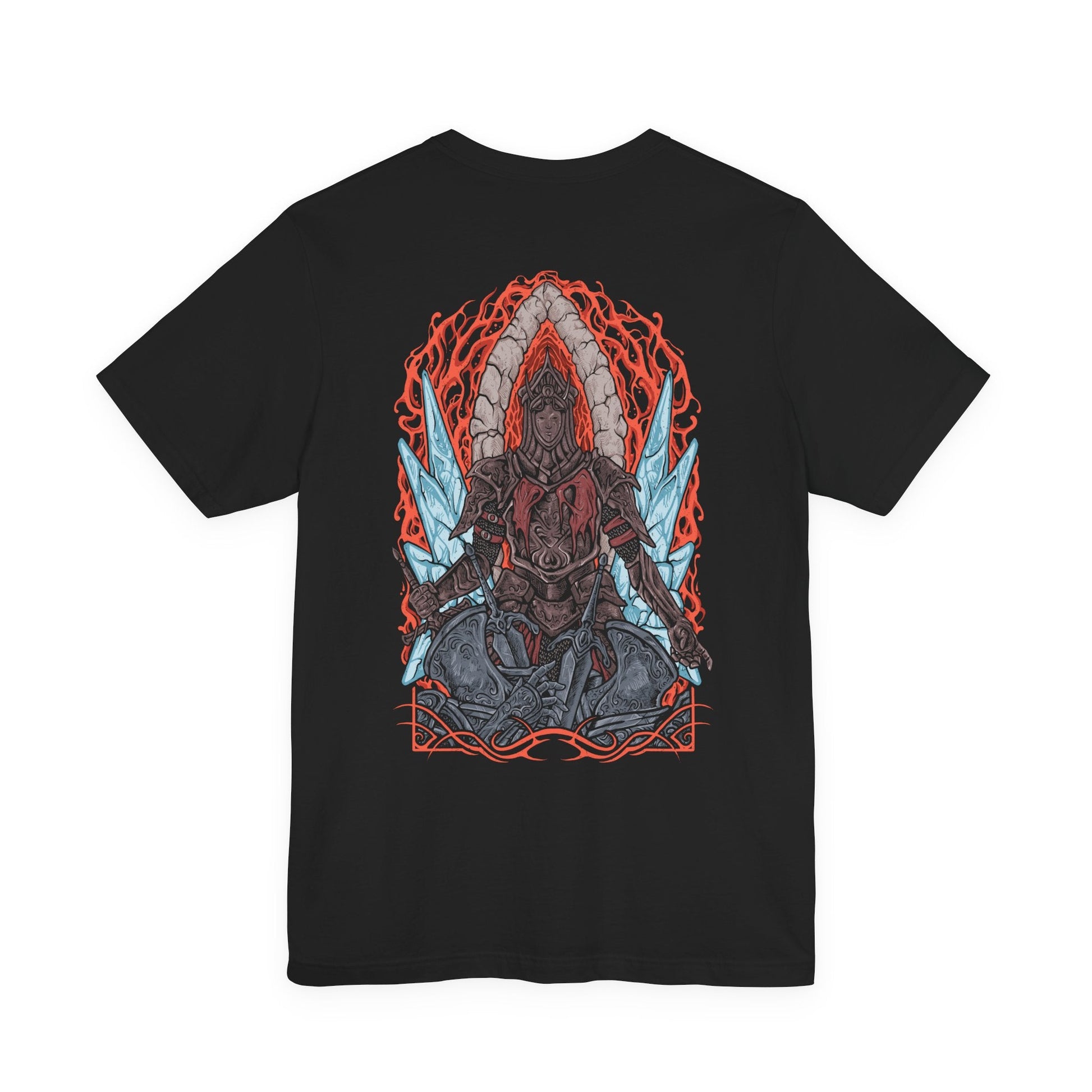 Image 5 of a T-Shirt artwork depicting the Burnt Ivory King leading his Loyce Knights into the flaming abyss, his blackened armor illuminated by swirling embers and infernal light. The frozen city of Eleum Loyce fades behind him as chaos erupts below. This design reflects loyalty, sacrifice, and the desperate struggle to contain the ancient fire consuming the world.