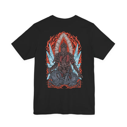 Image 5 of a T-Shirt artwork depicting the Burnt Ivory King leading his Loyce Knights into the flaming abyss, his blackened armor illuminated by swirling embers and infernal light. The frozen city of Eleum Loyce fades behind him as chaos erupts below. This design reflects loyalty, sacrifice, and the desperate struggle to contain the ancient fire consuming the world.