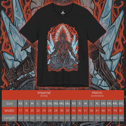 Size chart of a T-Shirt artwork depicting the Burnt Ivory King leading his Loyce Knights into the flaming abyss, his blackened armor illuminated by swirling embers and infernal light. The frozen city of Eleum Loyce fades behind him as chaos erupts below. This design reflects loyalty, sacrifice, and the desperate struggle to contain the ancient fire consuming the world.
