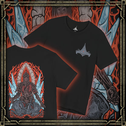 Thumbnail of a T-Shirt artwork depicting the Burnt Ivory King leading his Loyce Knights into the flaming abyss, his blackened armor illuminated by swirling embers and infernal light. The frozen city of Eleum Loyce fades behind him as chaos erupts below. This design reflects loyalty, sacrifice, and the desperate struggle to contain the ancient fire consuming the world.