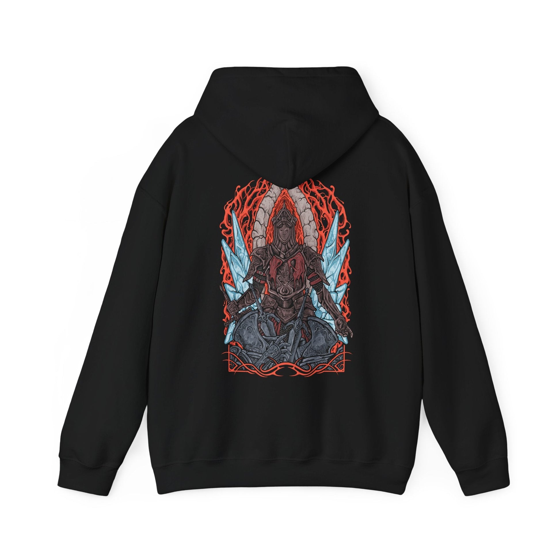 Image 5 of a Hooded Sweatshirt of the Burnt Ivory King standing in the heart of the Old Chaos, flames curling around his scorched armor and glowing blade. His imposing figure rises against a backdrop of collapsing ice and fire, symbolizing a ruler who chose duty over survival. The composition emphasizes heroism, ruin, and the eternal war against encroaching chaos.