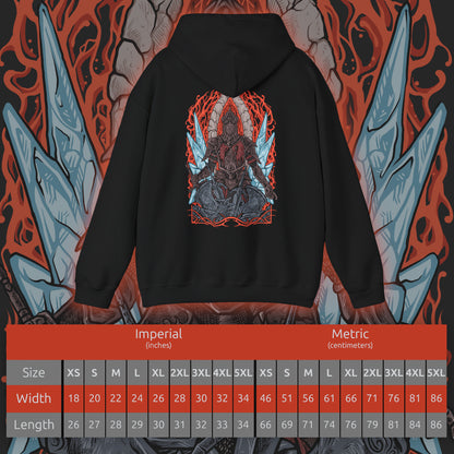 Size chart of a Hooded Sweatshirt of the Burnt Ivory King standing in the heart of the Old Chaos, flames curling around his scorched armor and glowing blade. His imposing figure rises against a backdrop of collapsing ice and fire, symbolizing a ruler who chose duty over survival. The composition emphasizes heroism, ruin, and the eternal war against encroaching chaos.