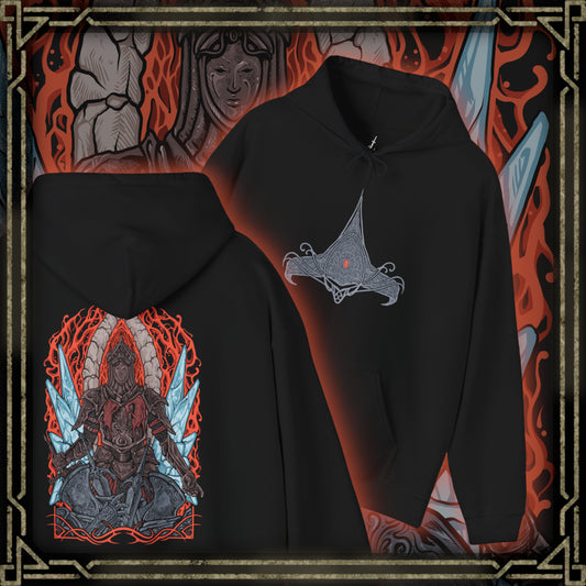 Thumbnail of a Hooded Sweatshirt of the Burnt Ivory King standing in the heart of the Old Chaos, flames curling around his scorched armor and glowing blade. His imposing figure rises against a backdrop of collapsing ice and fire, symbolizing a ruler who chose duty over survival. The composition emphasizes heroism, ruin, and the eternal war against encroaching chaos.
