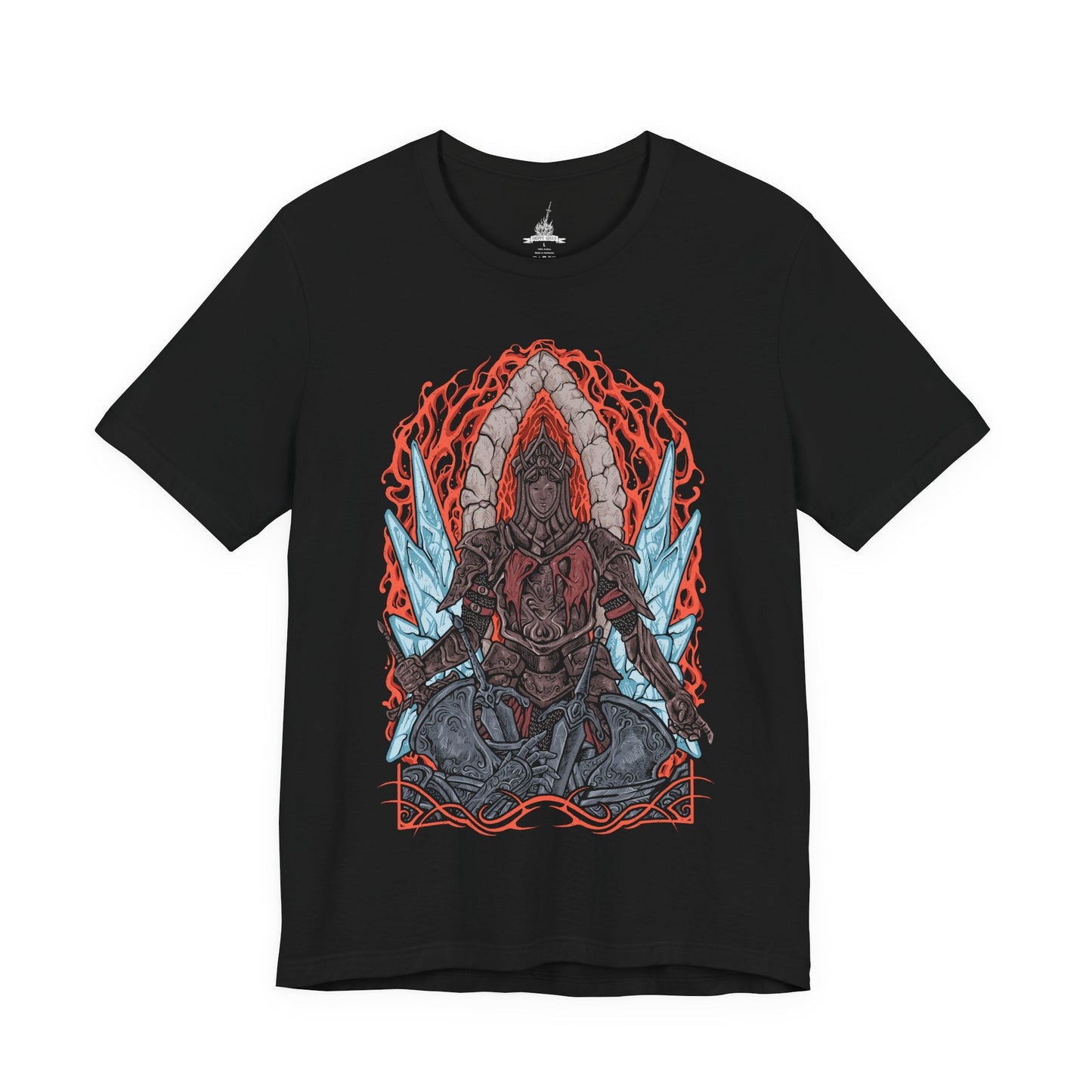 Image 4 of a T-Shirt design of the Burnt Ivory King from Dark Souls II, emerging from the Chaos beneath Eleum Loyce with his charred armor glowing against a sea of fire. His greatsword burns with holy light as molten cracks spread across the battlefield. The design captures the king’s sacrifice, his eternal battle against the Old Chaos, and the tragic nobility that defines his legend.