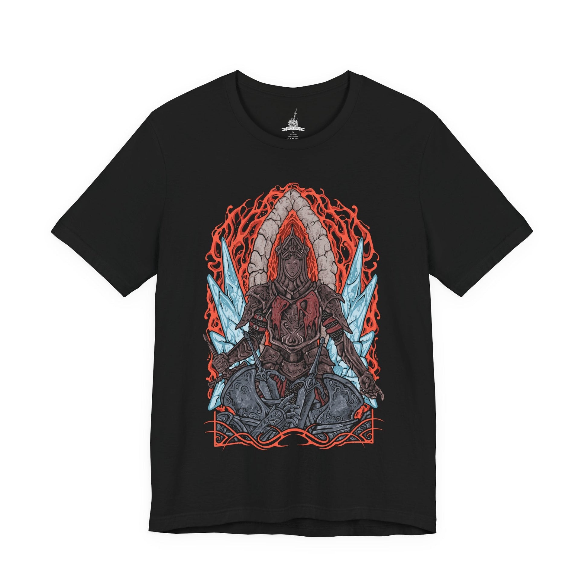 Image 4 of a T-Shirt design of the Burnt Ivory King from Dark Souls II, emerging from the Chaos beneath Eleum Loyce with his charred armor glowing against a sea of fire. His greatsword burns with holy light as molten cracks spread across the battlefield. The design captures the king’s sacrifice, his eternal battle against the Old Chaos, and the tragic nobility that defines his legend.