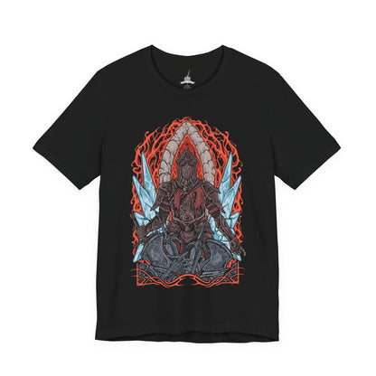 Image 4 of a T-Shirt design of the Burnt Ivory King from Dark Souls II, emerging from the Chaos beneath Eleum Loyce with his charred armor glowing against a sea of fire. His greatsword burns with holy light as molten cracks spread across the battlefield. The design captures the king’s sacrifice, his eternal battle against the Old Chaos, and the tragic nobility that defines his legend.