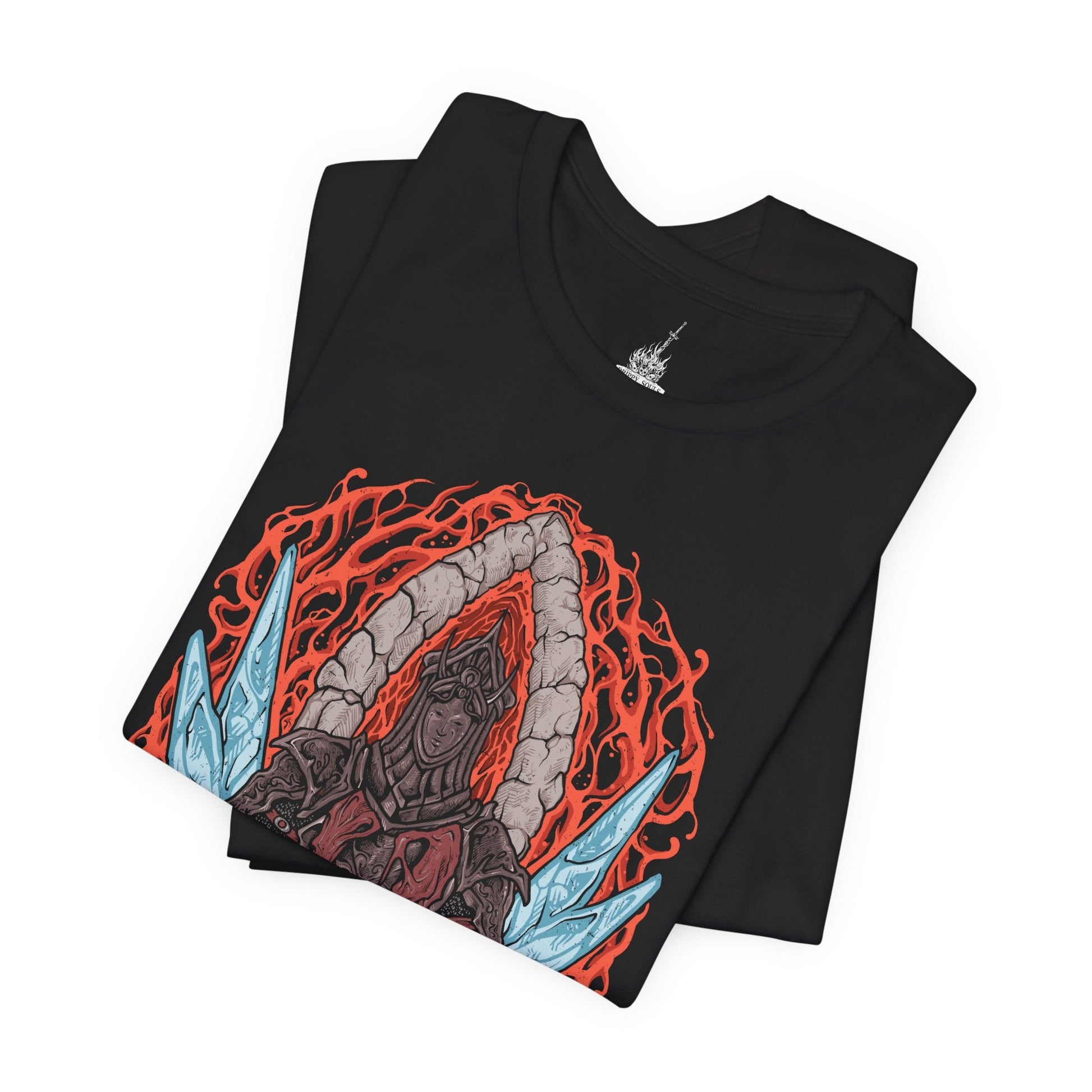 Image 5 of a T-Shirt design of the Burnt Ivory King from Dark Souls II, emerging from the Chaos beneath Eleum Loyce with his charred armor glowing against a sea of fire. His greatsword burns with holy light as molten cracks spread across the battlefield. The design captures the king’s sacrifice, his eternal battle against the Old Chaos, and the tragic nobility that defines his legend.