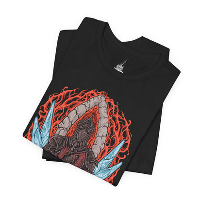 Image 5 of a T-Shirt design of the Burnt Ivory King from Dark Souls II, emerging from the Chaos beneath Eleum Loyce with his charred armor glowing against a sea of fire. His greatsword burns with holy light as molten cracks spread across the battlefield. The design captures the king’s sacrifice, his eternal battle against the Old Chaos, and the tragic nobility that defines his legend.