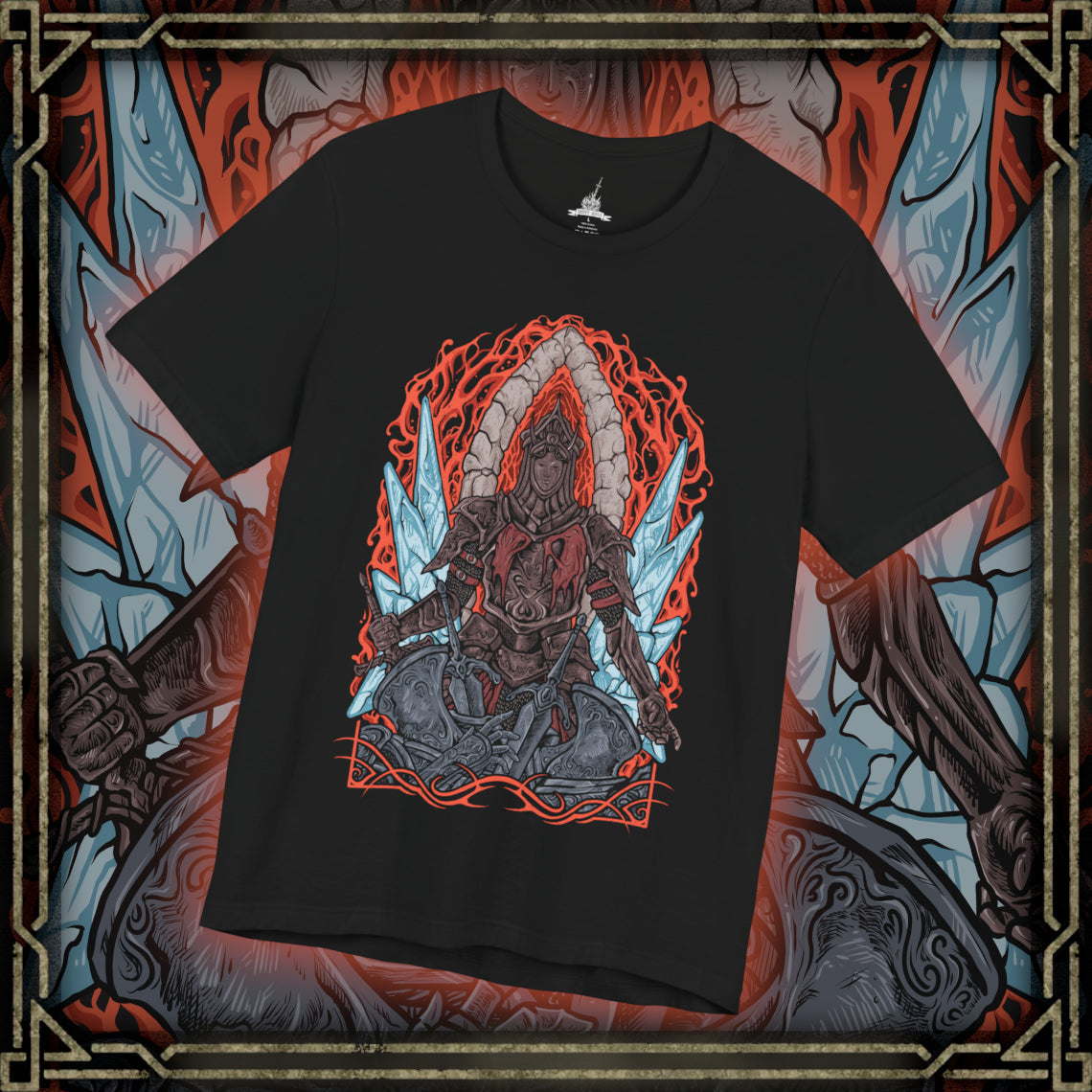 Thumbnail of a T-Shirt design of the Burnt Ivory King from Dark Souls II, emerging from the Chaos beneath Eleum Loyce with his charred armor glowing against a sea of fire. His greatsword burns with holy light as molten cracks spread across the battlefield. The design captures the king’s sacrifice, his eternal battle against the Old Chaos, and the tragic nobility that defines his legend.