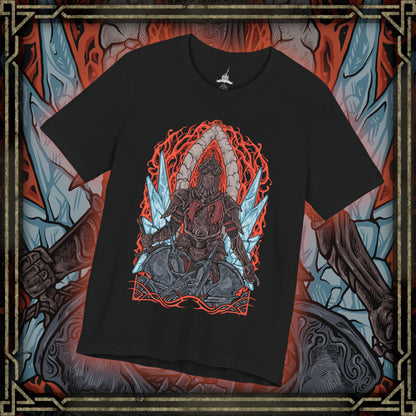 Thumbnail of a T-Shirt design of the Burnt Ivory King from Dark Souls II, emerging from the Chaos beneath Eleum Loyce with his charred armor glowing against a sea of fire. His greatsword burns with holy light as molten cracks spread across the battlefield. The design captures the king’s sacrifice, his eternal battle against the Old Chaos, and the tragic nobility that defines his legend.