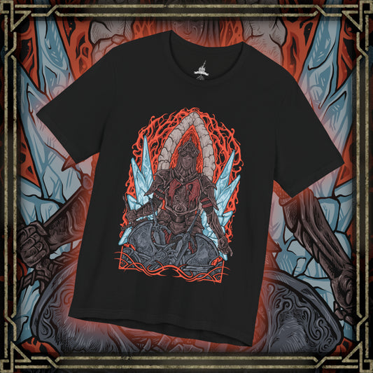 Thumbnail of a T-Shirt design of the Burnt Ivory King from Dark Souls II, emerging from the Chaos beneath Eleum Loyce with his charred armor glowing against a sea of fire. His greatsword burns with holy light as molten cracks spread across the battlefield. The design captures the king’s sacrifice, his eternal battle against the Old Chaos, and the tragic nobility that defines his legend.