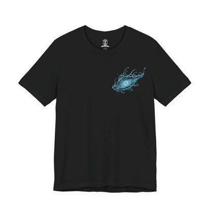 Image 4 of a T-Shirt artwork depicting Caligo, Miasma of Night descending upon a frozen battlefield, exhaling a devastating torrent of icy breath that blankets the land in frost and shadow. Dark clouds and spectral snow swirl around the ancient dragon as crystalline ice engulfs ruined structures below. This design reflects Caligo's overwhelming dominion over cold, darkness, and the relentless corruption spreading through the world of Elden Ring Nightreign.