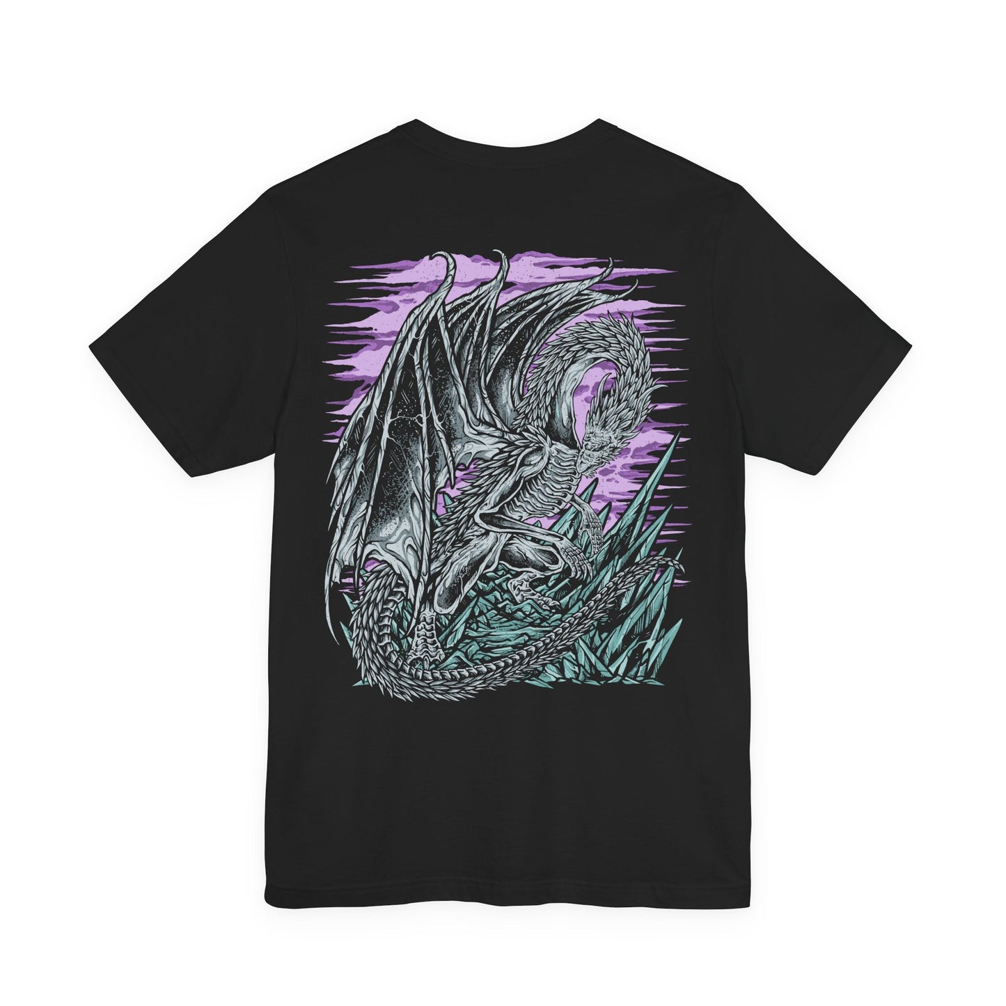 Image 5 of a T-Shirt artwork depicting Caligo, Miasma of Night descending upon a frozen battlefield, exhaling a devastating torrent of icy breath that blankets the land in frost and shadow. Dark clouds and spectral snow swirl around the ancient dragon as crystalline ice engulfs ruined structures below. This design reflects Caligo's overwhelming dominion over cold, darkness, and the relentless corruption spreading through the world of Elden Ring Nightreign.