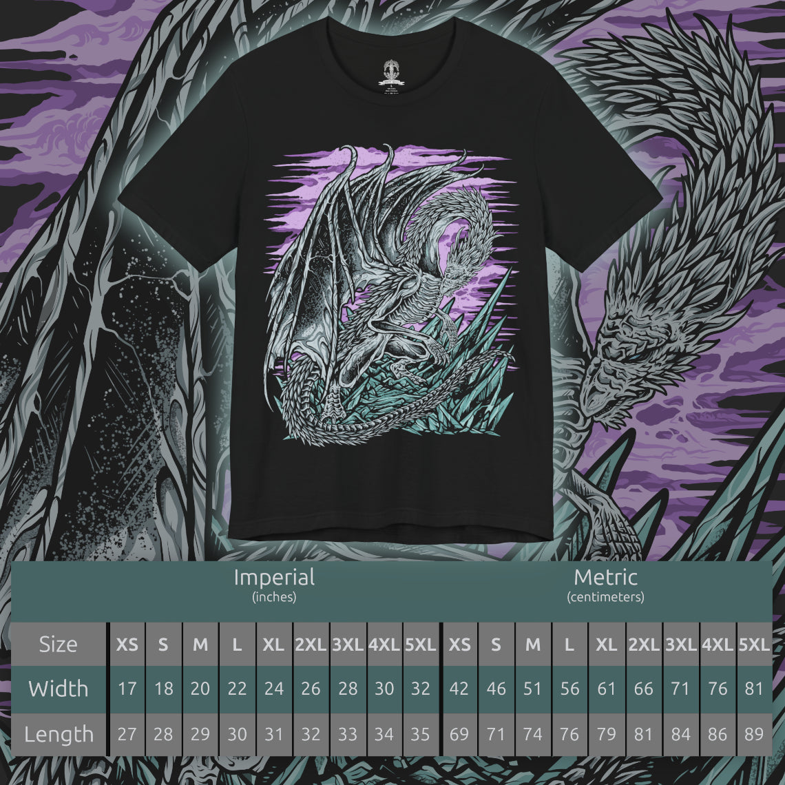 Size chart of a T-Shirt artwork depicting Caligo, Miasma of Night descending upon a frozen battlefield, exhaling a devastating torrent of icy breath that blankets the land in frost and shadow. Dark clouds and spectral snow swirl around the ancient dragon as crystalline ice engulfs ruined structures below. This design reflects Caligo's overwhelming dominion over cold, darkness, and the relentless corruption spreading through the world of Elden Ring Nightreign.