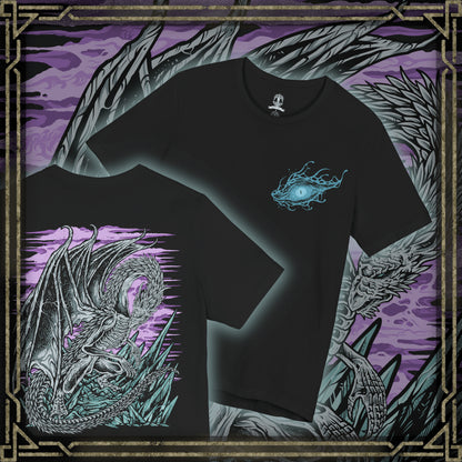 Thumbnail of a T-Shirt artwork depicting Caligo, Miasma of Night descending upon a frozen battlefield, exhaling a devastating torrent of icy breath that blankets the land in frost and shadow. Dark clouds and spectral snow swirl around the ancient dragon as crystalline ice engulfs ruined structures below. This design reflects Caligo's overwhelming dominion over cold, darkness, and the relentless corruption spreading through the world of Elden Ring Nightreign.