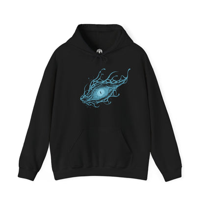 Image 4 of a Hooded Sweatshirt of Caligo, Miasma of Night towering above a landscape swallowed by eternal winter, its massive wings cloaked in black mist and shimmering frost. Frozen winds carve through shattered ruins while pale moonlight illuminates the dragon's imposing silhouette. The composition emphasizes supernatural majesty, relentless frost, and the terrifying presence of one of Elden Ring Nightreign's most formidable Nightlords.