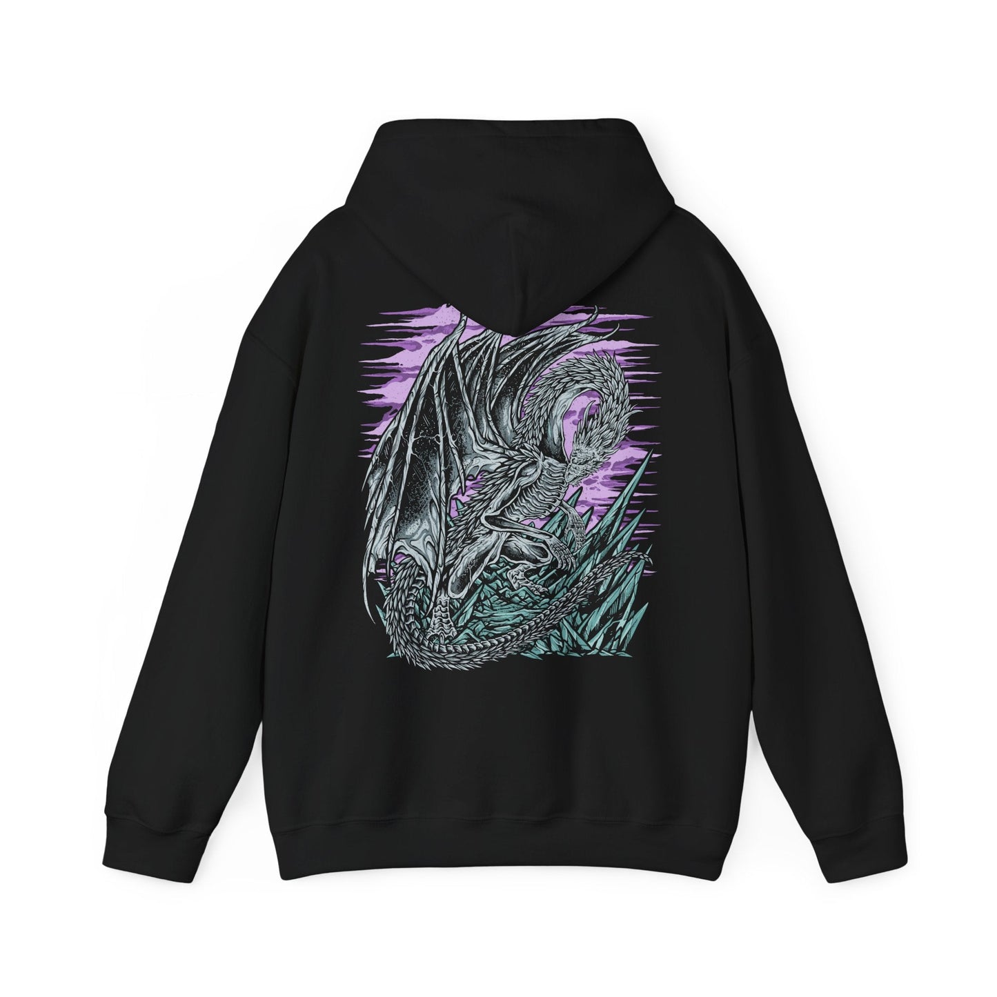 Image 5 of a Hooded Sweatshirt of Caligo, Miasma of Night towering above a landscape swallowed by eternal winter, its massive wings cloaked in black mist and shimmering frost. Frozen winds carve through shattered ruins while pale moonlight illuminates the dragon's imposing silhouette. The composition emphasizes supernatural majesty, relentless frost, and the terrifying presence of one of Elden Ring Nightreign's most formidable Nightlords.
