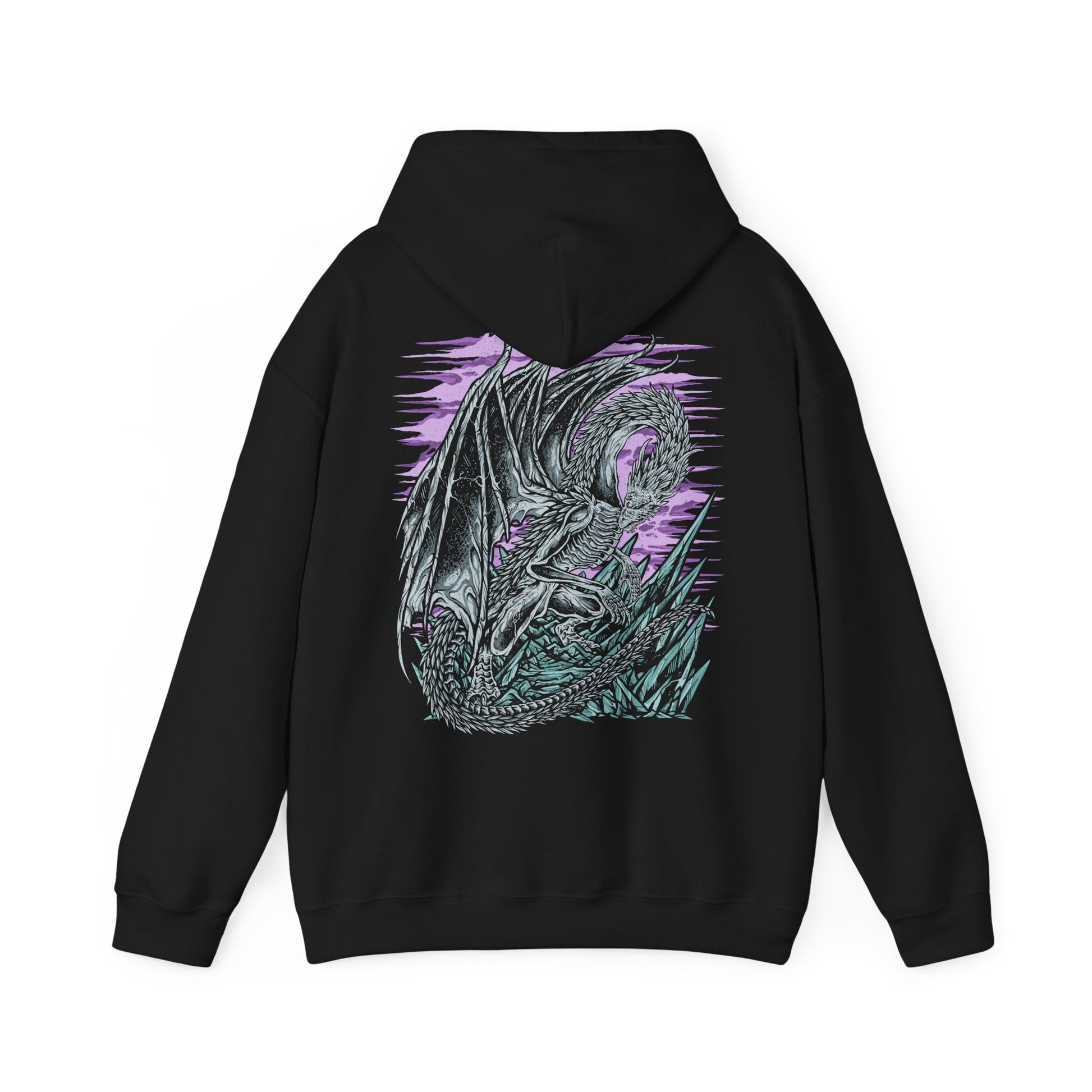 Image 5 of a Hooded Sweatshirt of Caligo, Miasma of Night towering above a landscape swallowed by eternal winter, its massive wings cloaked in black mist and shimmering frost. Frozen winds carve through shattered ruins while pale moonlight illuminates the dragon's imposing silhouette. The composition emphasizes supernatural majesty, relentless frost, and the terrifying presence of one of Elden Ring Nightreign's most formidable Nightlords.