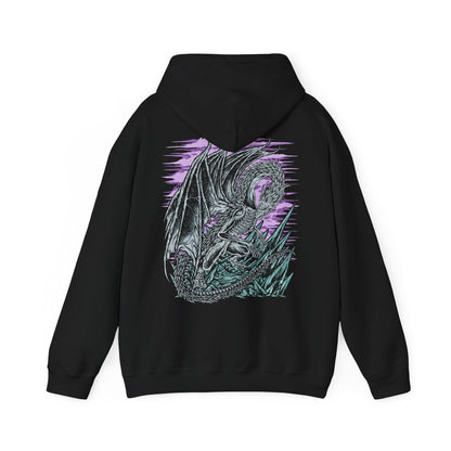 Image 5 of a Hooded Sweatshirt of Caligo, Miasma of Night towering above a landscape swallowed by eternal winter, its massive wings cloaked in black mist and shimmering frost. Frozen winds carve through shattered ruins while pale moonlight illuminates the dragon's imposing silhouette. The composition emphasizes supernatural majesty, relentless frost, and the terrifying presence of one of Elden Ring Nightreign's most formidable Nightlords.