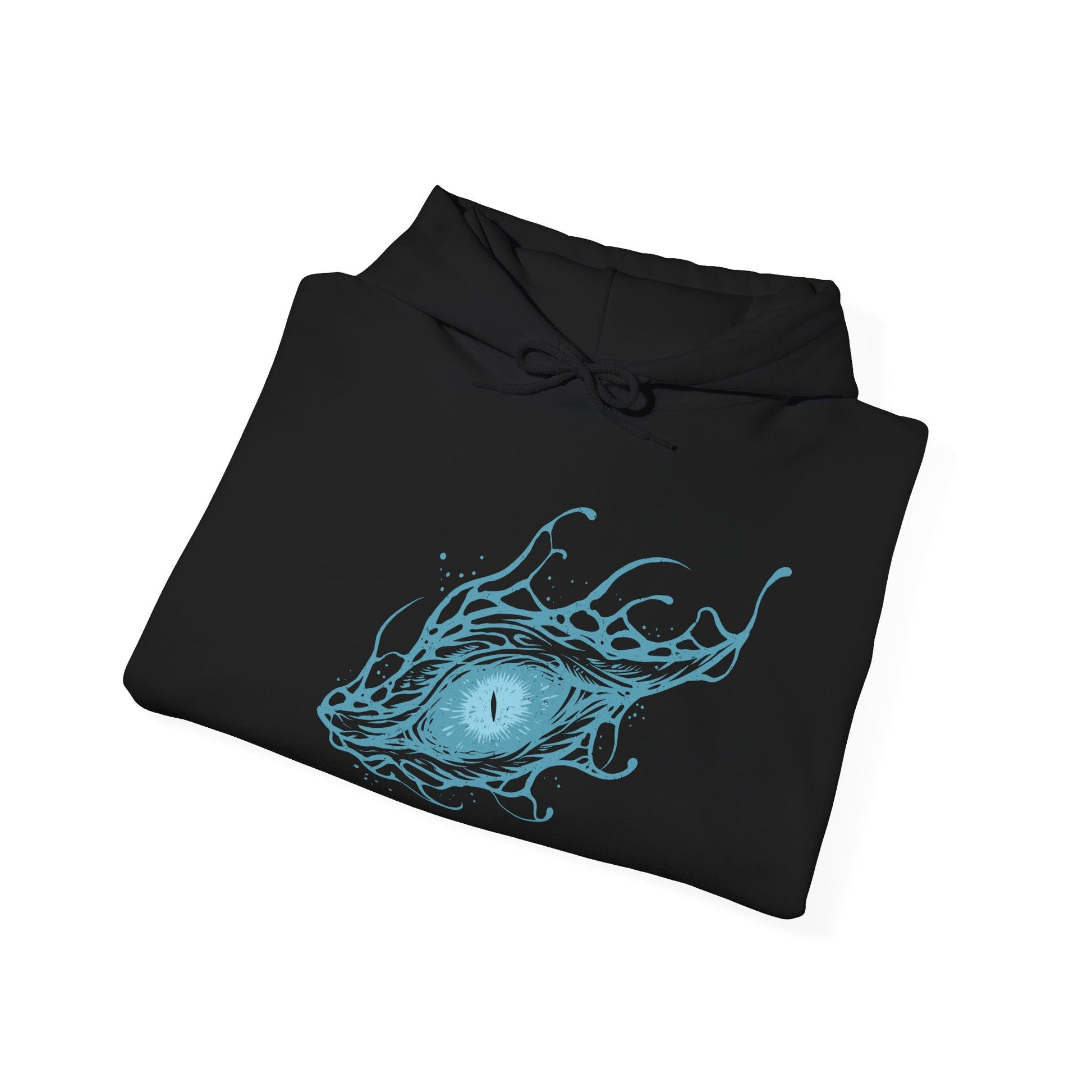 Image 6 of a Hooded Sweatshirt of Caligo, Miasma of Night towering above a landscape swallowed by eternal winter, its massive wings cloaked in black mist and shimmering frost. Frozen winds carve through shattered ruins while pale moonlight illuminates the dragon's imposing silhouette. The composition emphasizes supernatural majesty, relentless frost, and the terrifying presence of one of Elden Ring Nightreign's most formidable Nightlords.