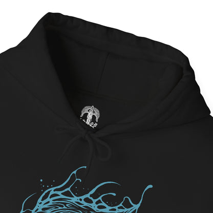 Folded Hooded Sweatshirt of Caligo, Miasma of Night towering above a landscape swallowed by eternal winter, its massive wings cloaked in black mist and shimmering frost. Frozen winds carve through shattered ruins while pale moonlight illuminates the dragon's imposing silhouette. The composition emphasizes supernatural majesty, relentless frost, and the terrifying presence of one of Elden Ring Nightreign's most formidable Nightlords.