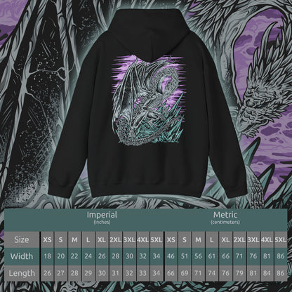 Size chart of a Hooded Sweatshirt of Caligo, Miasma of Night towering above a landscape swallowed by eternal winter, its massive wings cloaked in black mist and shimmering frost. Frozen winds carve through shattered ruins while pale moonlight illuminates the dragon's imposing silhouette. The composition emphasizes supernatural majesty, relentless frost, and the terrifying presence of one of Elden Ring Nightreign's most formidable Nightlords.