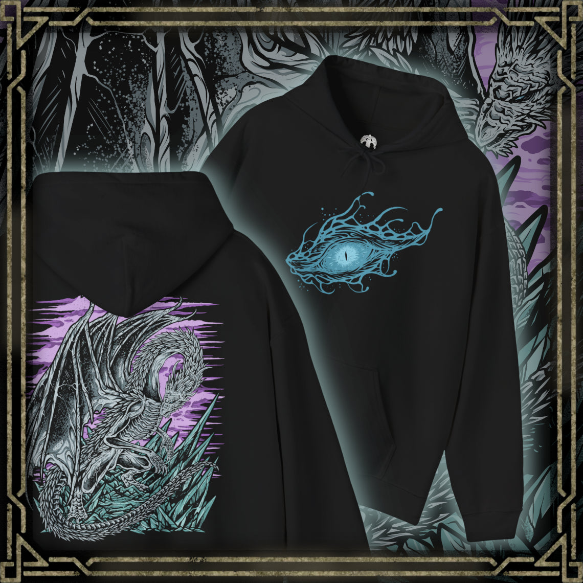 Thumbnail of a Hooded Sweatshirt of Caligo, Miasma of Night towering above a landscape swallowed by eternal winter, its massive wings cloaked in black mist and shimmering frost. Frozen winds carve through shattered ruins while pale moonlight illuminates the dragon's imposing silhouette. The composition emphasizes supernatural majesty, relentless frost, and the terrifying presence of one of Elden Ring Nightreign's most formidable Nightlords.