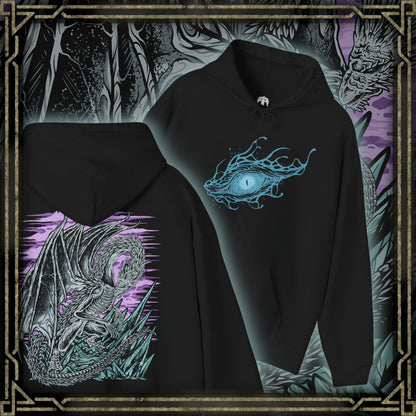 Thumbnail of a Hooded Sweatshirt of Caligo, Miasma of Night towering above a landscape swallowed by eternal winter, its massive wings cloaked in black mist and shimmering frost. Frozen winds carve through shattered ruins while pale moonlight illuminates the dragon's imposing silhouette. The composition emphasizes supernatural majesty, relentless frost, and the terrifying presence of one of Elden Ring Nightreign's most formidable Nightlords.
