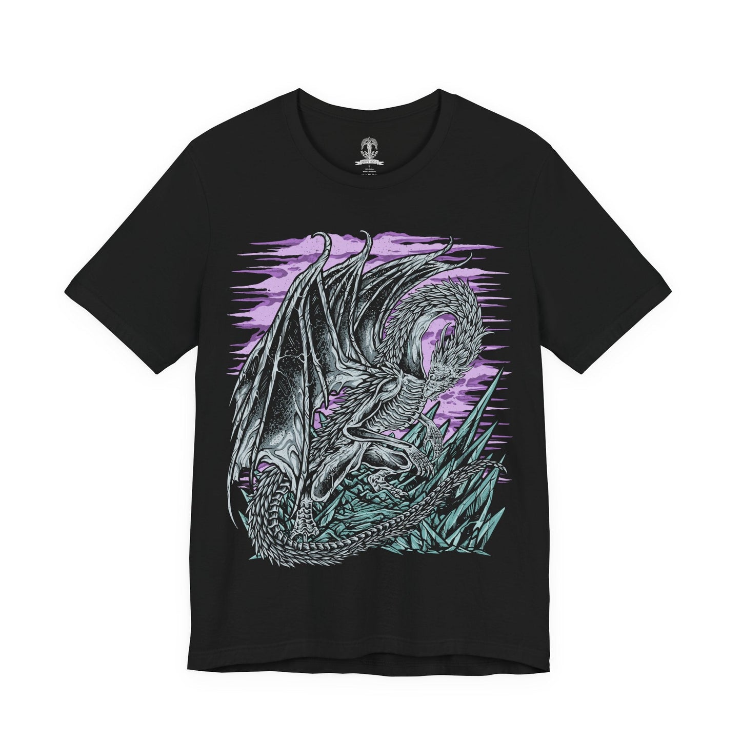 Image 4 of a T-Shirt design of Caligo, Miasma of Night from Elden Ring Nightreign, soaring through a sky consumed by the Night's Tide as frost-laden wings spread across swirling darkness. Glacial mist and icy shards spiral around the colossal dragon while moonlight struggles to pierce the endless gloom. The design captures Caligo's command over freezing miasma, embodying the suffocating power and mystery of the Night.