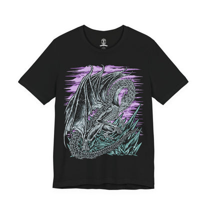 Image 4 of a T-Shirt design of Caligo, Miasma of Night from Elden Ring Nightreign, soaring through a sky consumed by the Night's Tide as frost-laden wings spread across swirling darkness. Glacial mist and icy shards spiral around the colossal dragon while moonlight struggles to pierce the endless gloom. The design captures Caligo's command over freezing miasma, embodying the suffocating power and mystery of the Night.