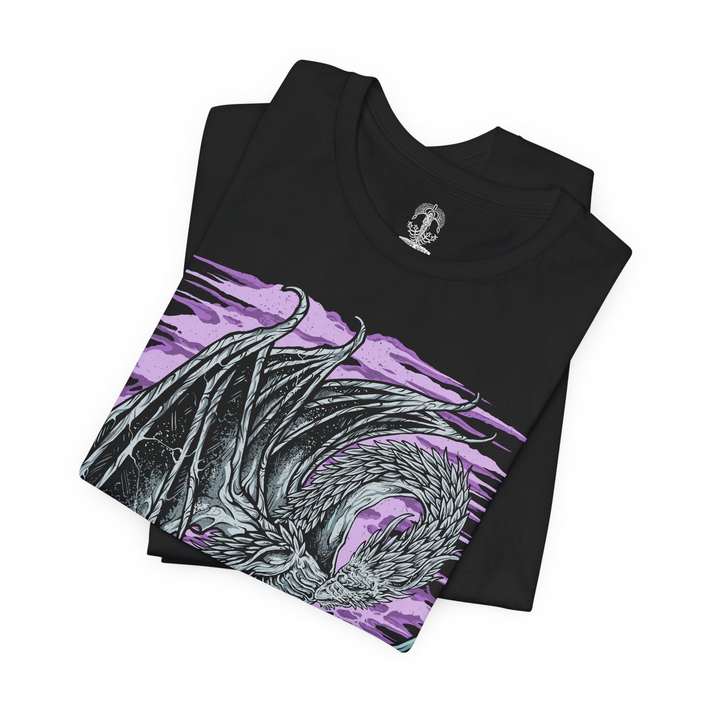 Image 5 of a T-Shirt design of Caligo, Miasma of Night from Elden Ring Nightreign, soaring through a sky consumed by the Night's Tide as frost-laden wings spread across swirling darkness. Glacial mist and icy shards spiral around the colossal dragon while moonlight struggles to pierce the endless gloom. The design captures Caligo's command over freezing miasma, embodying the suffocating power and mystery of the Night.