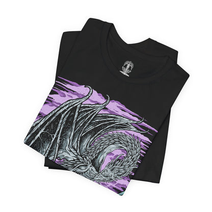 Image 5 of a T-Shirt design of Caligo, Miasma of Night from Elden Ring Nightreign, soaring through a sky consumed by the Night's Tide as frost-laden wings spread across swirling darkness. Glacial mist and icy shards spiral around the colossal dragon while moonlight struggles to pierce the endless gloom. The design captures Caligo's command over freezing miasma, embodying the suffocating power and mystery of the Night.