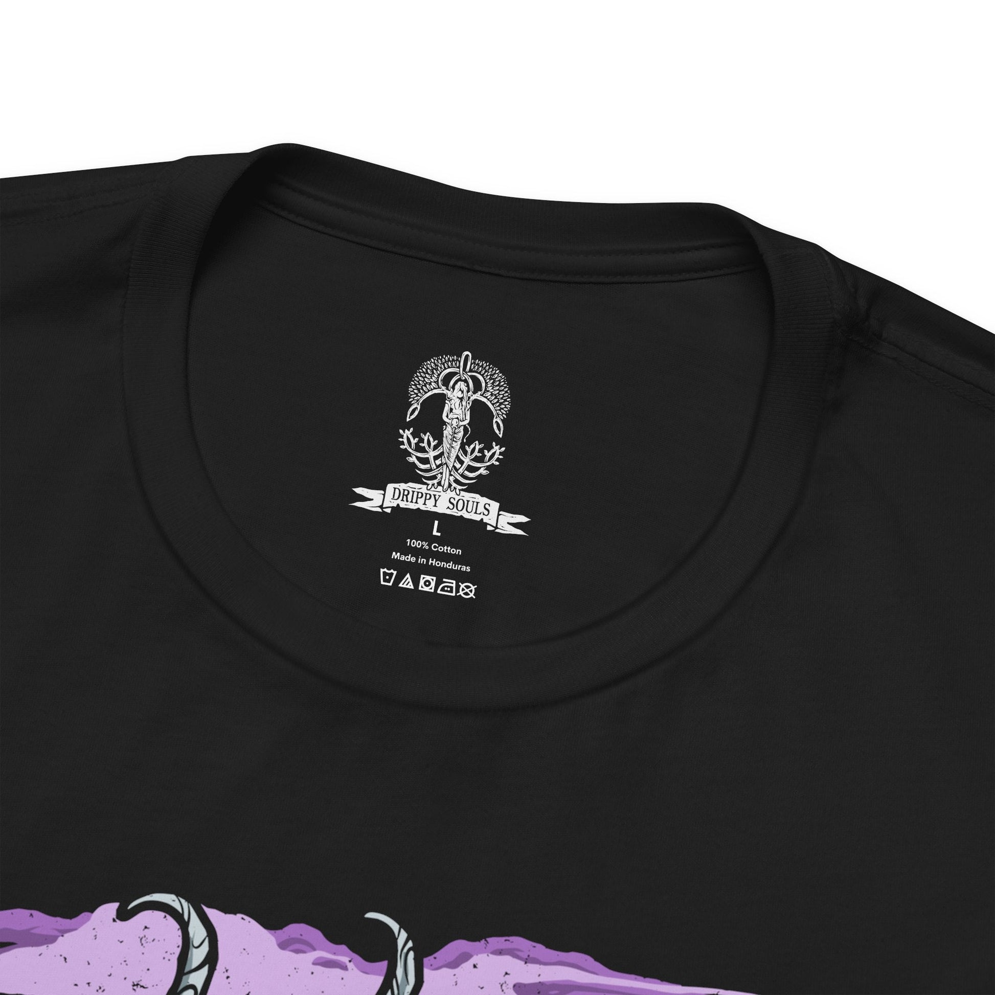 Folded T-Shirt design of Caligo, Miasma of Night from Elden Ring Nightreign, soaring through a sky consumed by the Night's Tide as frost-laden wings spread across swirling darkness. Glacial mist and icy shards spiral around the colossal dragon while moonlight struggles to pierce the endless gloom. The design captures Caligo's command over freezing miasma, embodying the suffocating power and mystery of the Night.