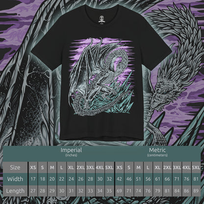 Size chart of a T-Shirt design of Caligo, Miasma of Night from Elden Ring Nightreign, soaring through a sky consumed by the Night's Tide as frost-laden wings spread across swirling darkness. Glacial mist and icy shards spiral around the colossal dragon while moonlight struggles to pierce the endless gloom. The design captures Caligo's command over freezing miasma, embodying the suffocating power and mystery of the Night.