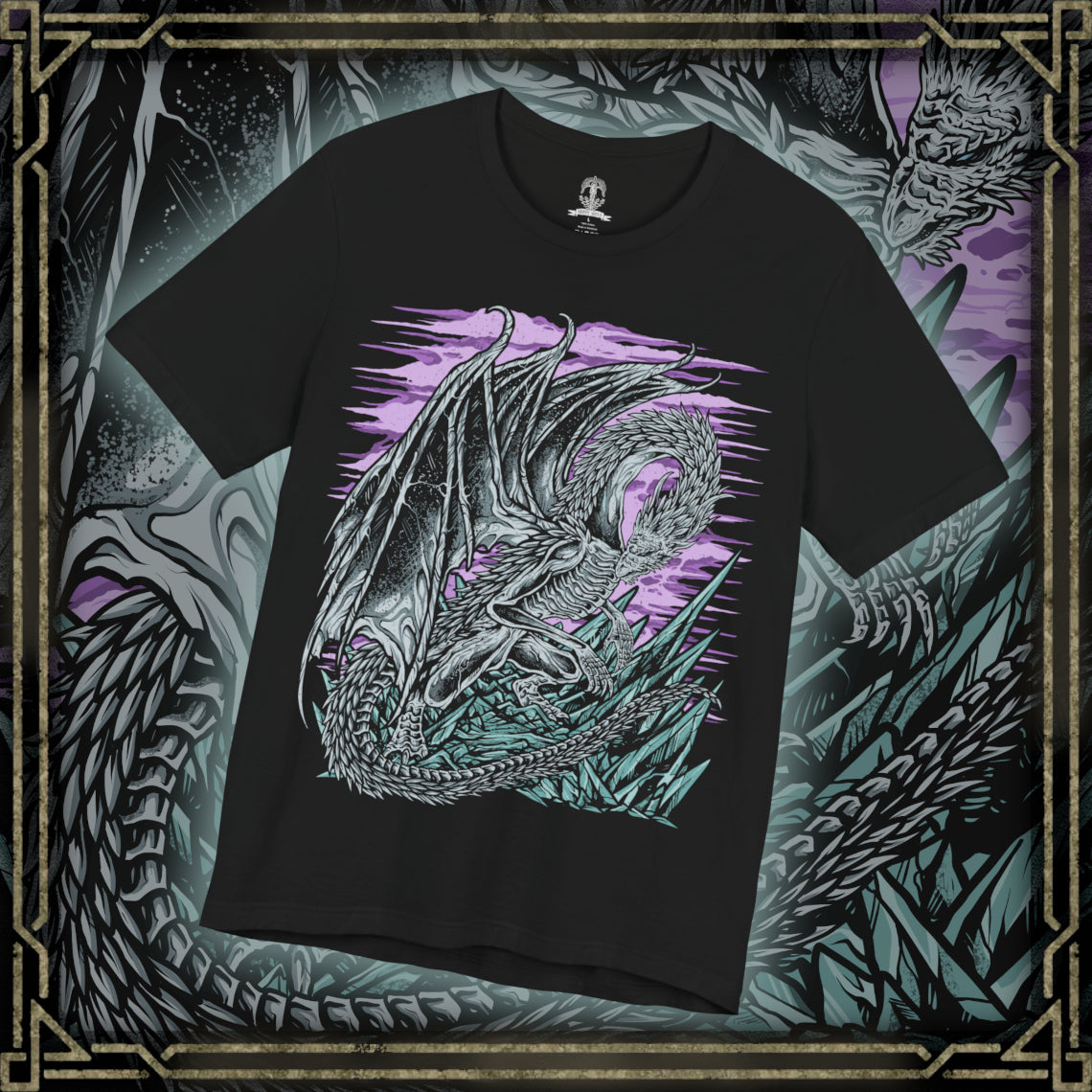 Thumbnail of a T-Shirt design of Caligo, Miasma of Night from Elden Ring Nightreign, soaring through a sky consumed by the Night's Tide as frost-laden wings spread across swirling darkness. Glacial mist and icy shards spiral around the colossal dragon while moonlight struggles to pierce the endless gloom. The design captures Caligo's command over freezing miasma, embodying the suffocating power and mystery of the Night.