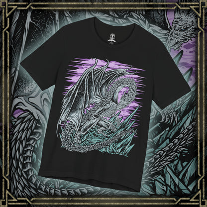 Thumbnail of a T-Shirt design of Caligo, Miasma of Night from Elden Ring Nightreign, soaring through a sky consumed by the Night's Tide as frost-laden wings spread across swirling darkness. Glacial mist and icy shards spiral around the colossal dragon while moonlight struggles to pierce the endless gloom. The design captures Caligo's command over freezing miasma, embodying the suffocating power and mystery of the Night.